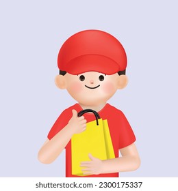 Happy cartoon man character courier in red t-shirt and cap stand over white background with shopping bag. Online shopping and delivery concept. 3d render illustration.