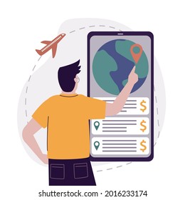 Happy cartoon man choose place to travel on phone screen. Male tourist searching country in mobile app for vacation. Concept of choosing summer recreation. Airplane travels. Flat vector illustration