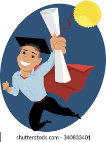 Happy cartoon man in a graduation cap and a cape flying in a superhero pose, holding a diploma in his hand, EPS 8 vector illustration