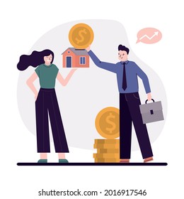 Happy cartoon man investing money in property. Concept of business mortgage payment. House loan or money invest to real estate. Safe immovables money investment. Home for sale. Vector illustration