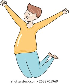 Happy cartoon man jumping vector illustration. Joy lifestyle celebration victory team smiling.