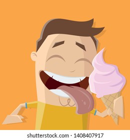 happy cartoon man licking a big ice cream