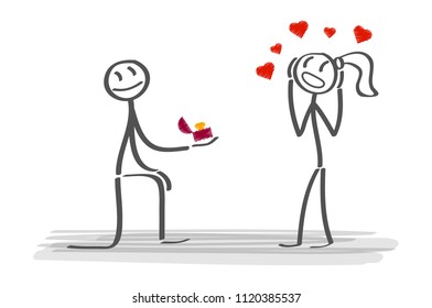 happy cartoon man on his knee proposal woman valentines day vector illustration background .