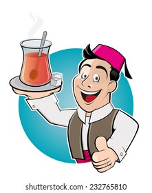 happy cartoon man is serving turkish tea
