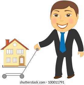 happy cartoon man with shopping cart and house