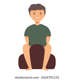 Homem de desenhos animados feliz sentado de pernas cruzadas em uma postura relaxada e meditativa. Isolado em um fundo branco. Ilustração vetorial de um personagem masculino alegre. Com uma moda. Casual. Tranquilidade