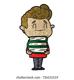 happy cartoon man with stack of new books
