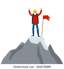 Happy cartoon man standing on mountain top with red flag - slimbing success and achievement celebration drawing. Flat vector illustration isolated on white background.