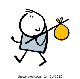 Happy cartoon man is walking along the road, carrying luggage in a bundle on a stick. Vector illustration of a carefree traveler on a hike. Isolated doodle character outdoor  on white background.