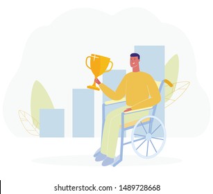 Happy Cartoon Man in Wheelchair Hold Golden Cup Trophy Winner Podium Vector Illustration. Handicap Disabled Person Recovery. Paralympics Game Competition, Sport Training, Challenge