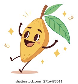 Un feliz personaje de mango de dibujos animados bailando con alegría y brillando alrededor