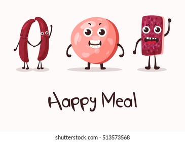 Happy cartoon meat character with hands. Smiley faces on sausage or kielbasa, beef and wurst, frankfurt meat sausage. Steakhouse banner or market logo, shop or store insignia, meal sign