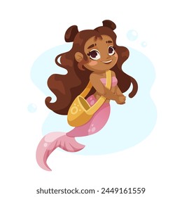 A happy cartoon mermaid with brown hair and a pink tail, on a light blue background, concept of fantasy. Vector illustration