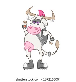 Happy cartoon metal music smiling cow with mohawk hairstyle. Vector illustration of a silly cow, icon childish mascot isolated on white.