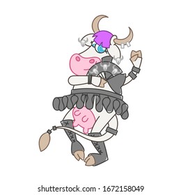 Happy cartoon metal music smiling cow dancing.  Cow with a fan and a tutu. Vector illustration of a silly cow, icon childish mascot isolated on white.
