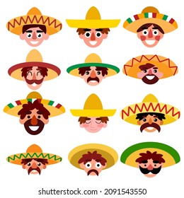 Happy cartoon Mexican men set white isolated vector illustration