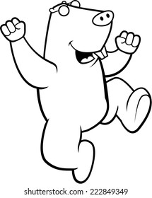 A happy cartoon mole jumping and smiling.