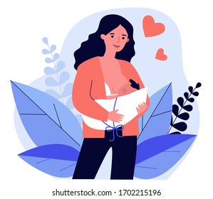 Happy Cartoon Mom Breastfeeding Baby Flat Vector Illustration. Young Mother Giving Milk To Infant. Natural Feeding Via Breast. Healthy Nutrition, Motherhood And Parenting Concept