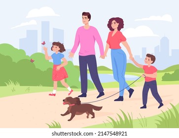 Happy Cartoon Mom, Dad And Children Walking Dog Together. Father, Mother And Kids With Puppy In Park Flat Vector Illustration. Family, Love, Pets, Outdoor Activity Concept For Banner, Website Design