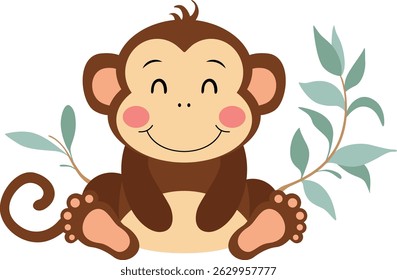 Happy Cartoon Monkey with Green Leaves