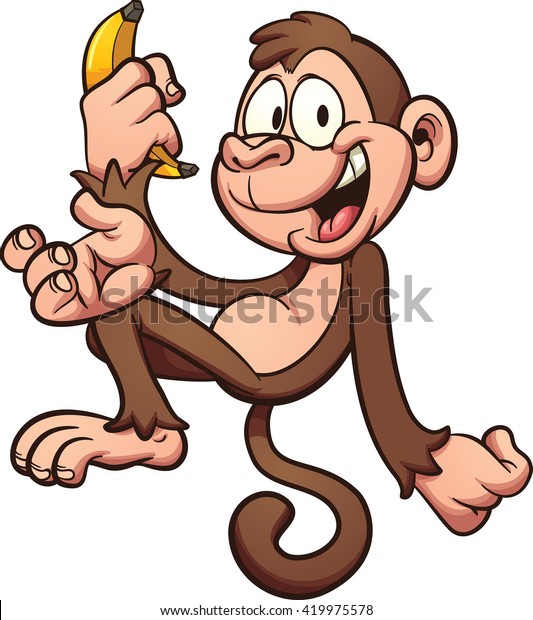 バナナを持つハッピーマンゴー猿 簡単なグラデーションを持つベクタークリップアートイラスト 1つのレイヤーにすべてを配置 のベクター画像素材 ロイヤリティフリー