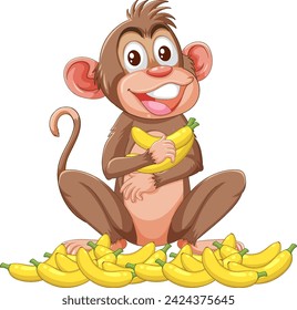 Happy cartoon monkey sitting with bunches of bananas