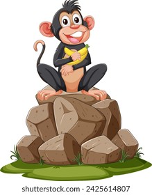 A happy cartoon monkey sitting on stones, holding a banana.