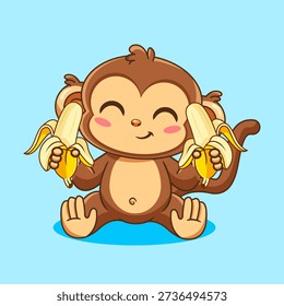 Happy Cartoon Monkey Sitting Ready Enjoying Two Bananas Vector Illustration Cartoon Design