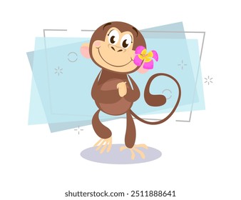 Happy cartoon monkey with tropical flower at ear dancing and having fun. Cute character, animal, joy. Can be used for topics like vacation, zoo, jungle