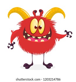 Happy cartoon monster with big horns and tiny legs