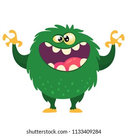 Happy cartoon monster with big mouth full of teeth. Vector green monster illustration. Halloween design