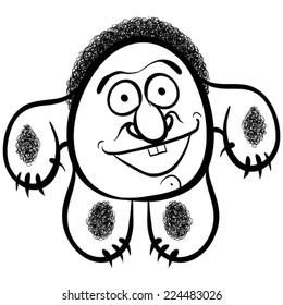 Happy cartoon monster, black and white lines vector illustration.