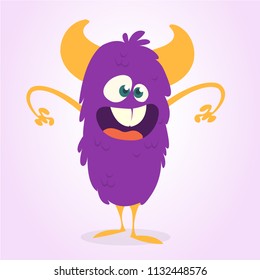 Happy cartoon monster character. Vector illustration of funny purple monster. Halloween design