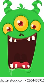 Happy cartoon monster face laughing with three eyes.  Illustration of cute and happy monster expression. Halloween design. Great for party decoration 