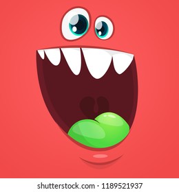Happy cartoon monster face. Vector Halloween excited red monster with wide mouth