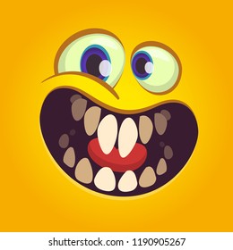 Happy cartoon monster face. Vector Halloween excited orange monster with  big mouth smile