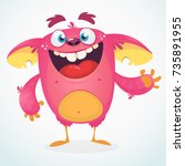 Happy cartoon monster. Halloween pink furry monster vector illustration