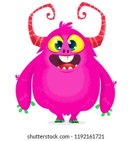 Happy cartoon monster. Halloween pink furry monster. Big collection of cute monsters. Halloween character. Vector illustrations. Good for book illustration, magazine prints or journal article