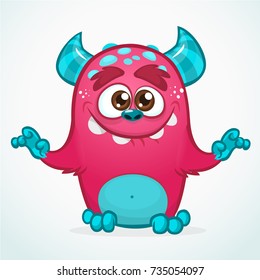 Happy cartoon monster. Halloween pink furry monster. Big collection of cute monsters. Halloween character. Vector illustrations. Good for book illustration, magazine prints or journal article