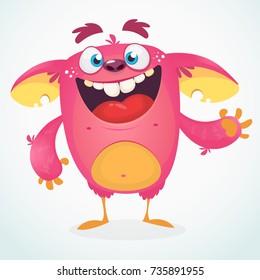 Happy cartoon monster. Halloween pink furry monster vector illustration