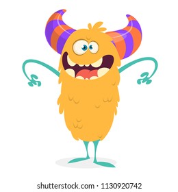 Happy cartoon monster. Halloween vector orange and horned monster. Funny monster expressions