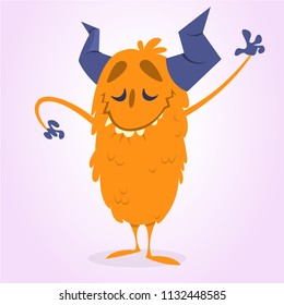 Happy cartoon monster. Halloween vector orange and horned monster. Funny monster expressions