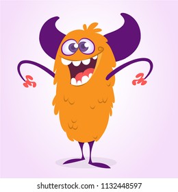 Happy cartoon monster. Halloween vector orange and horned monster. Funny monster expressions