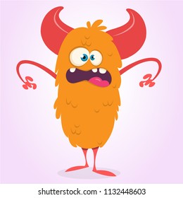 Happy cartoon monster. Halloween vector orange and horned monster. Funny monster expressions