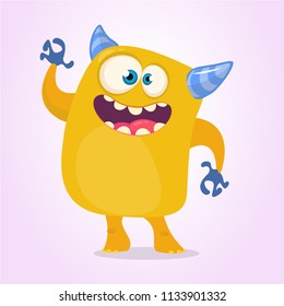 Happy cartoon monster. Halloween vector orange and horned monster. Funny monster expressions