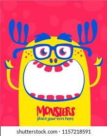 Happy cartoon monster. Halloween vector yellow and horned monster. Design for package, print or holiday decoration