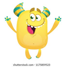 Happy cartoon monster. Halloween vector orange and horned monster. 