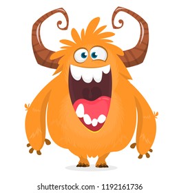 Happy cartoon monster. Halloween vector orange and horned monster. 