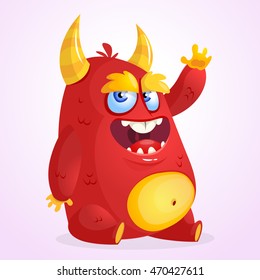 Happy cartoon monster. Halloween vector horned fat monster sitting and waving. Isolated