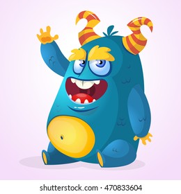 Happy cartoon monster. Halloween vector blue and funny monster waving. Isolated